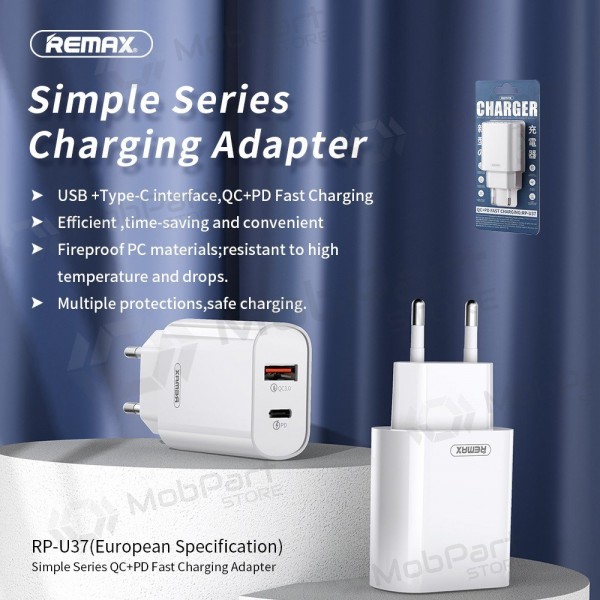 Telefonlader Remax RP-U37 20 W USB-C + USB-A hvit