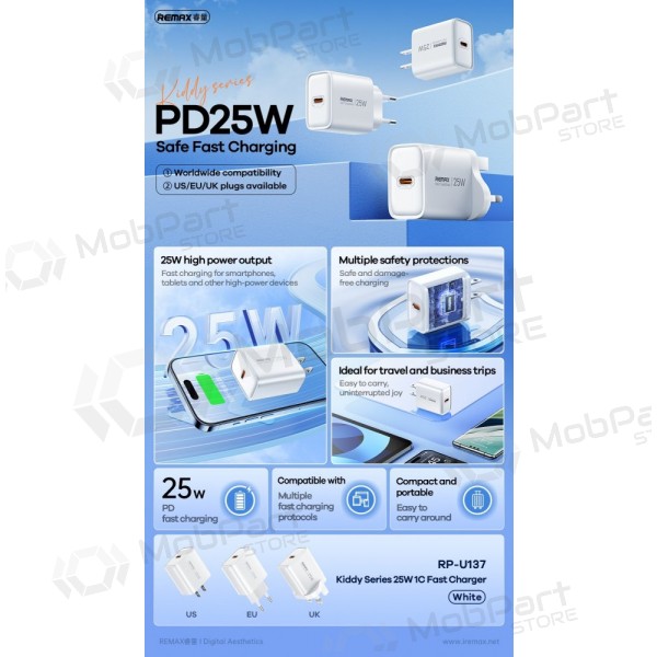 Telefonlader Remax RP-U137 25 W USB-C hvit