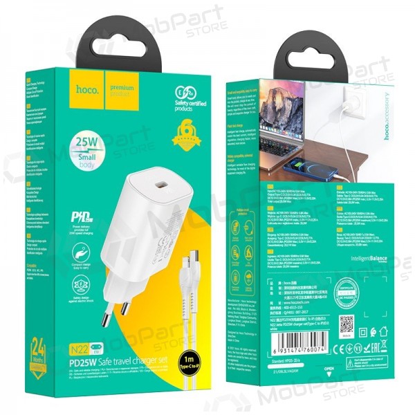Telefonlader Hoco N22 25 W USB-C med Lightning-kabel 1 m hvit