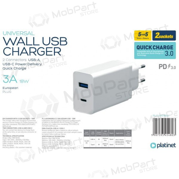 Platinet QuickCharge Type-C+USB 3.0A (18W) lader