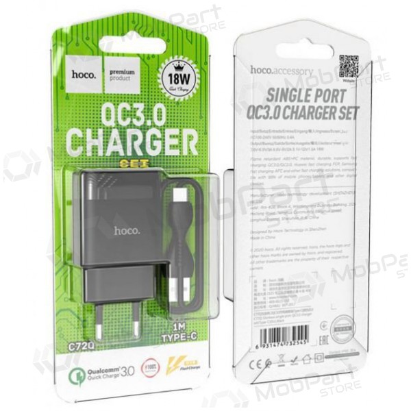 Lader HOCO C72Q Glorious USB + type-C kabel (QC3.0) (svart)