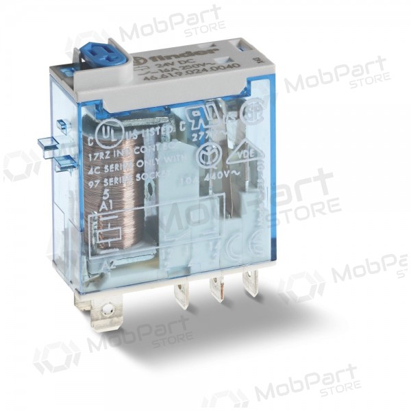 Relé 1-polet 46-serien Finder 466182300054 (230V AC, 16A/250VAC, TEST-knapp, LED-indikasjon)