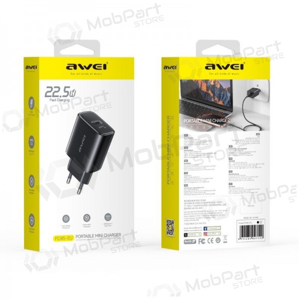 Telefonlader Awei PD85T-EU 22.5 W USB-C + USB-A med USB-C-kabel 1 m svart