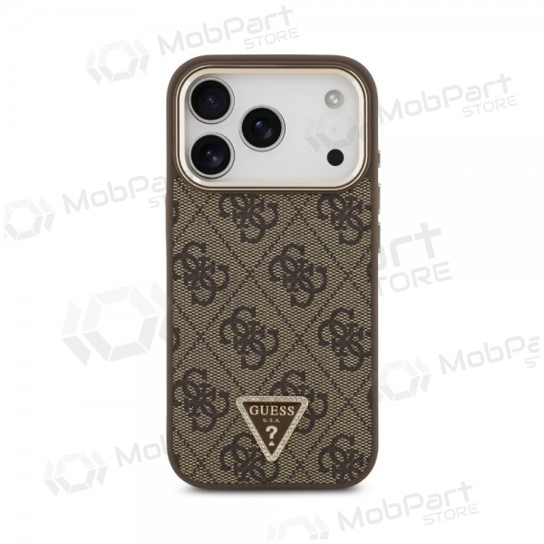 Apple iPhone 18 Pro deksel - Guess PU Leather 4G Strass Triangle Logo Gold Frame MagSafe (brun)