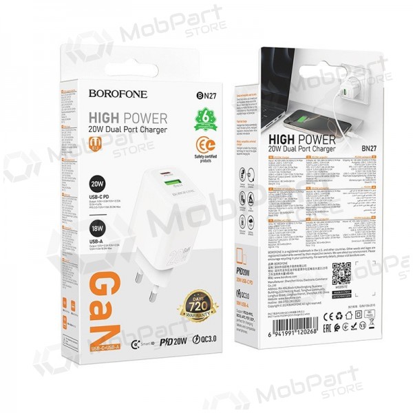 Lader Borofone BN27 20W USB-C/USB-A hvit