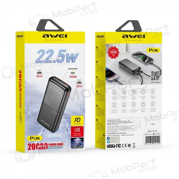 Powerbank Power Bank Awei P13K PD20W/QC22.5W 20000mAh svart