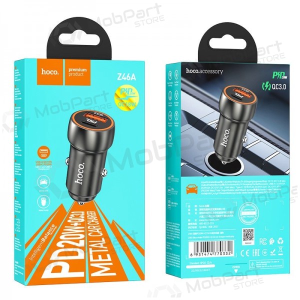 Lader automobilinis Hoco Z46A USB-A/Type-C PD20W+QC3.0 grå