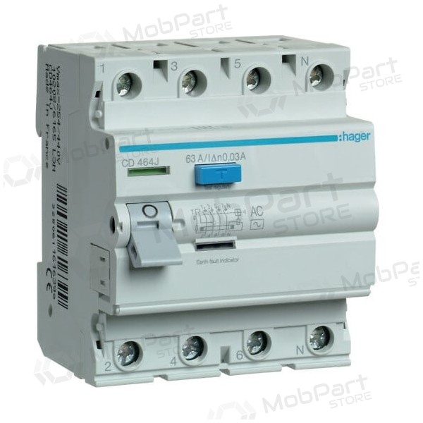 Jordfeilbryter Hager CD463J - (AC, 63A, 4P, 30mA, 400V)
