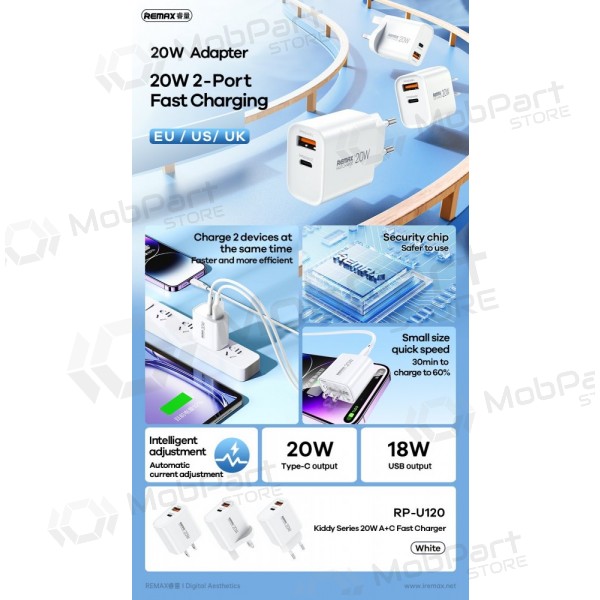 Telefonlader Remax RP-U120 20 W USB-C + USB-A hvit