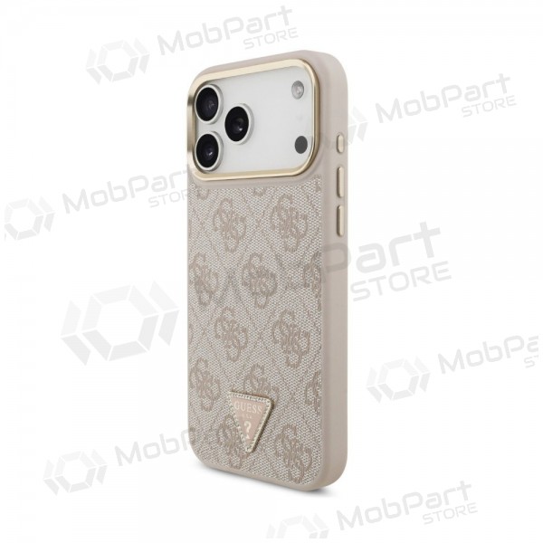 Apple iPhone 18 Pro deksel - Guess PU Leather 4G Strass Triangle Logo Gold Frame MagSafe (rosa)