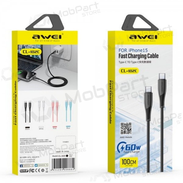 USB kabel Awei CL-182C USB-C to USB-C 1.0m svart