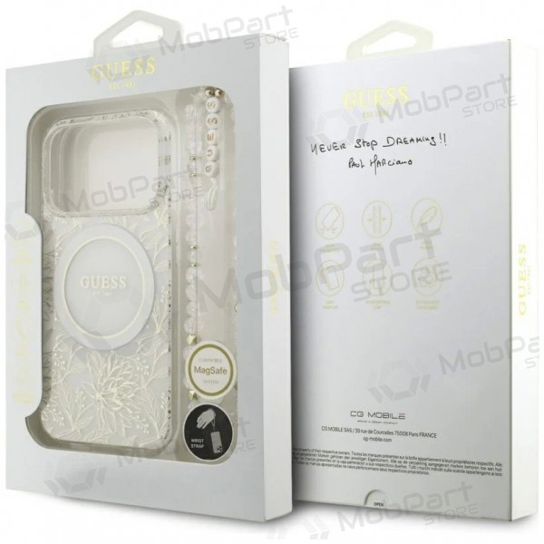 Apple iPhone 18 Pro deksel - Guess IML Flowers Allover Strap MagSafe (hvit)