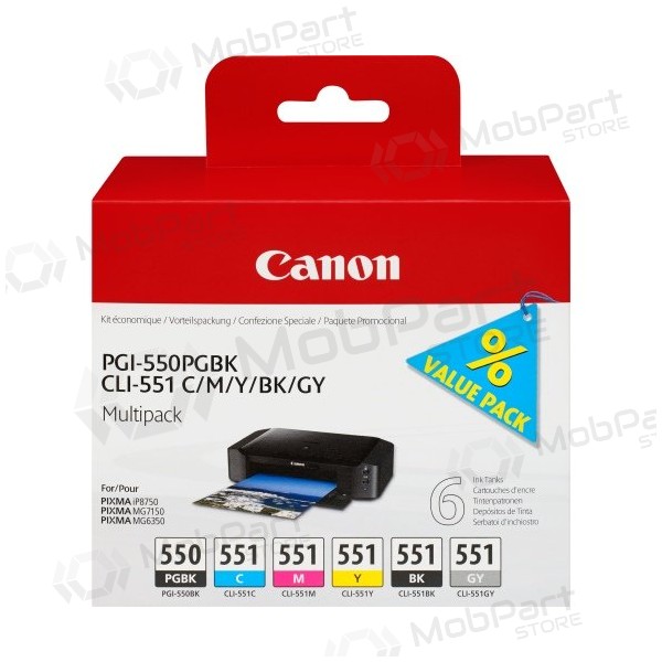 Canon PGI-550/CLI-551 (6496B005) Blekkpatronsett, PGBK/C/M/Y/BK/GY