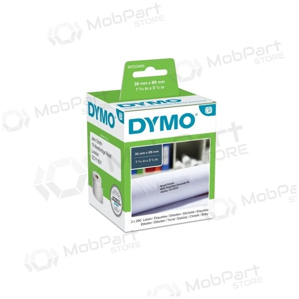 Dymo 99012 (S0722400) etiketter 36 x 89mm, 2 ruller x 260 etiketter, hvit...